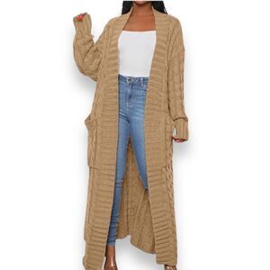 Tan Long Sleeve Open Front Pockets Cable Knit  Cardigan Sweater Jacket NEW